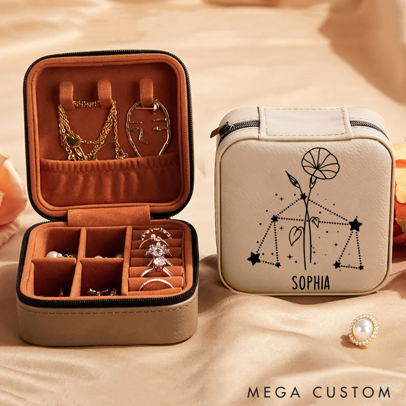 Personalized Zodiac Sign Jewelry Case Zodiac Moon Gift Zodiac Leather Travel Case Gift for Her Astrology Jewelry Box