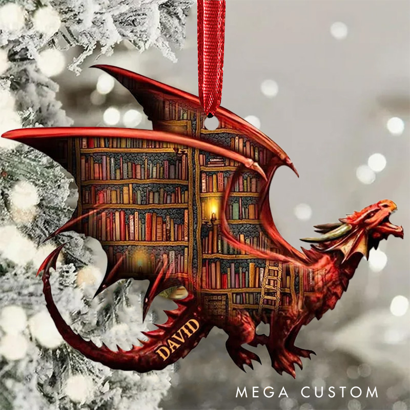 Personalized Dragon Book Christmas Ornament Custom Bookish Ornament with Name for Fantasy Book Lover Gift Librarian Gift