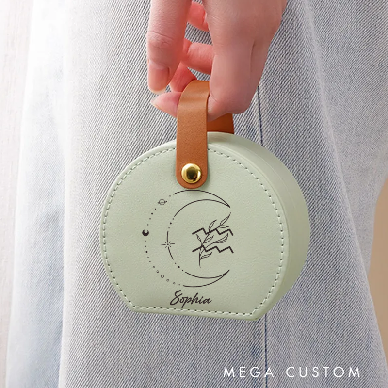 Personalized Leather Zodiac Sign Jewelry Case Zodiac Moon Gift Zodiac Leather Travel Case Gift for Her