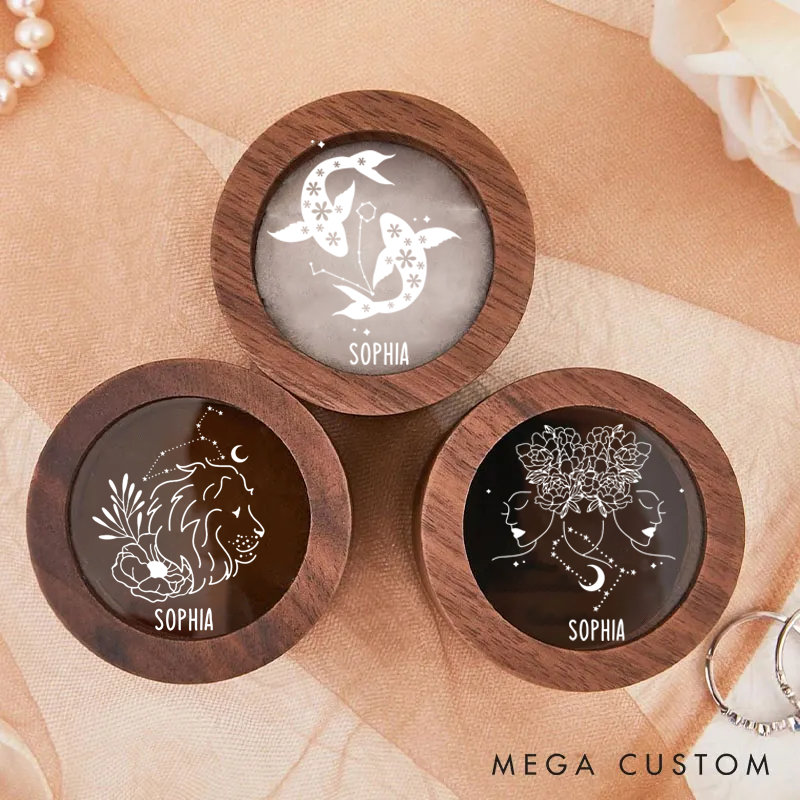Personalized Wooden Ring Box With Name Zodiac Signs Round Ring Box with Acrylic Cover Ring Holder Birthday Gift