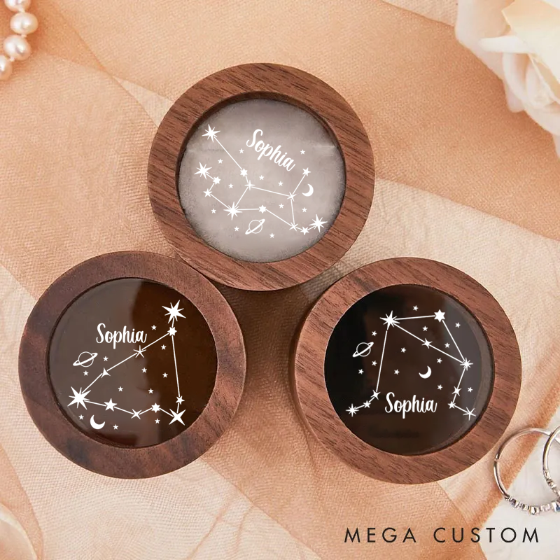 Personalized Wooden Ring Box With Name Zodiac Signs Round Ring Box with Acrylic Cover Ring Holder Birthday Gift