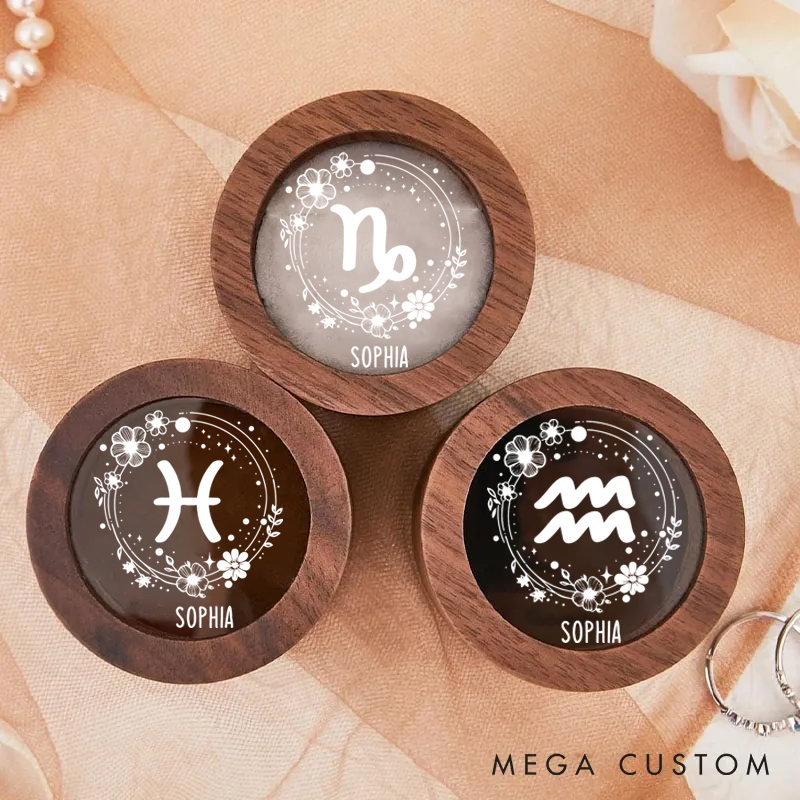 Personalized Wooden Ring Box With Name Zodiac Signs Round Ring Box with Acrylic Cover Ring Holder Birthday Gift