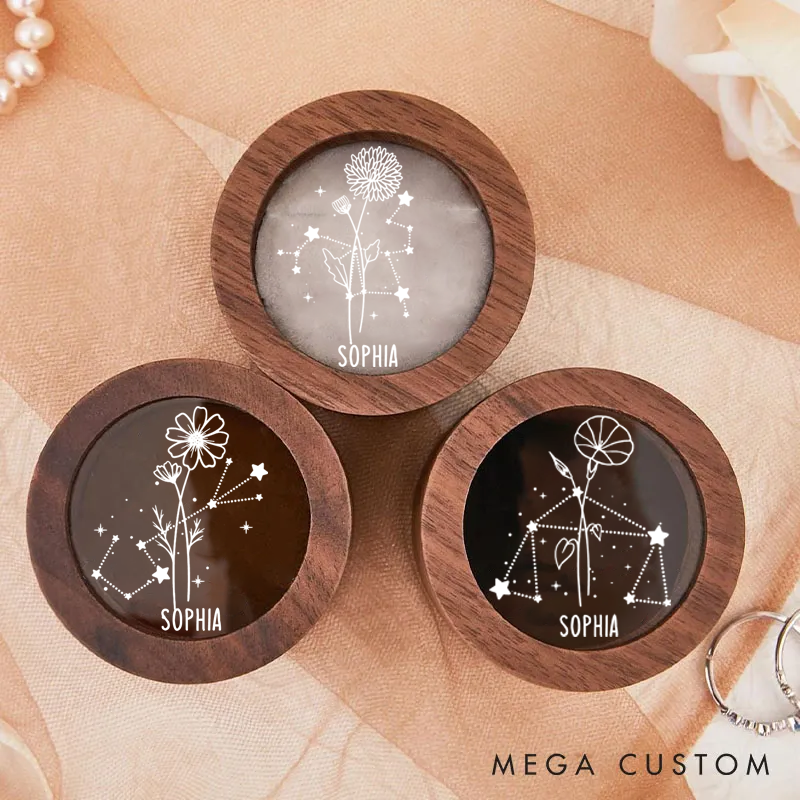 Personalized Wooden Ring Box With Name Zodiac Signs Round Ring Box with Acrylic Cover Ring Holder Birthday Gift