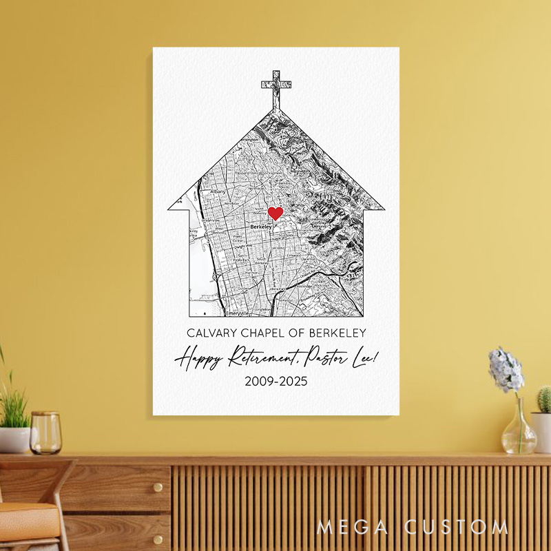 Personalized Map of Church Frameless Poster with Name and Year Wall Decor Pastor Appreciation Gift Priest Leaving Gift Retirement Installation Gift