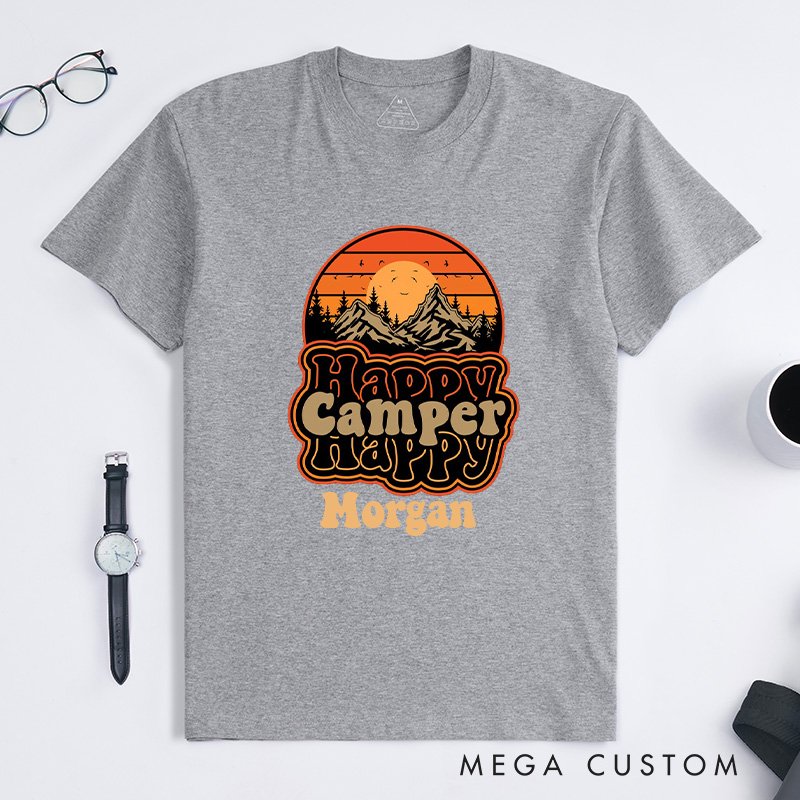 Personalized Happy Camper Retro Mountain SunseT-Shirt Camping Adventure Shirt for Nature Travelers Outdoors Lover Gift