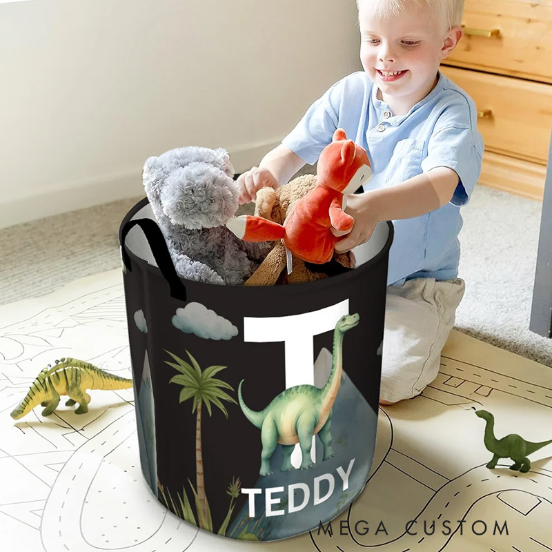 Personalized Cute Dinosaur Large Waterproof Name Initial Laundry Storage Basket with Handle Birthday Gift for Boys Girls