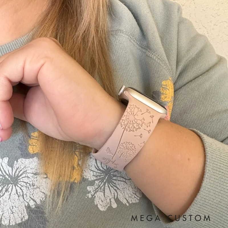 Personalized Dandelion Watch Band Compatible with Apple Watch iWatch Silicone Watch Band Engraved Wildflowers for Mother’s Day and Gardening Lover