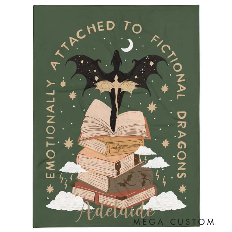Personalized Emotionally Attached to Fictional Dragons Bookish Throw Blanket Fantasy Romance Blanket with Name Book Lover Gift Birthday Gift