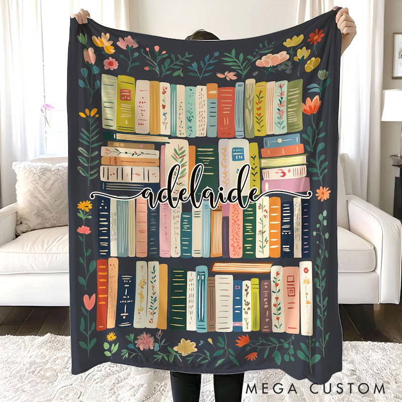 Personalized Vintage Library Throw Blanket Boho Wildflowers Bookish Quilt with Name Cottagecore Flower Librarian Gift Book Lover Gift