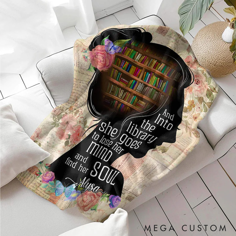 Personalized and into the Library Throw Blanket Flower and Girl Bookish Blanket with Name Book Lover Gift Librarian Gift