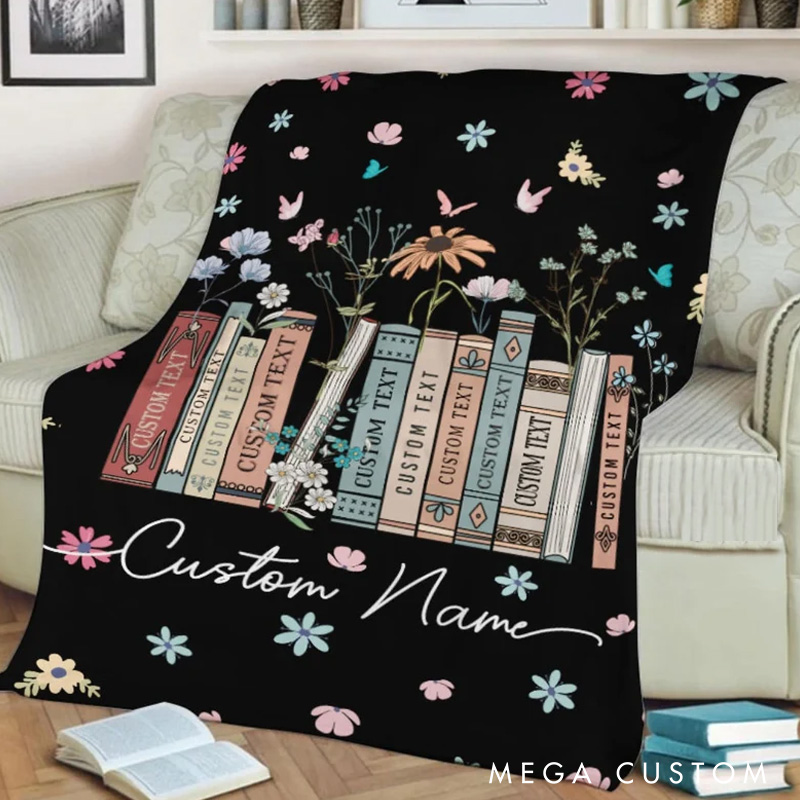 Personalized Floral Book Throw Blanket Custom Books and Name Library Blanket Bookish Blanket with Name Book Lover Gift Librarian Gift