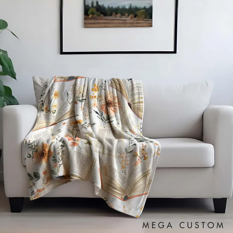 Personalized Vintage Library Throw Blanket with Name Custom Boho Wildflowers Bookish Blanket Book Lover Gift Librarian Gift