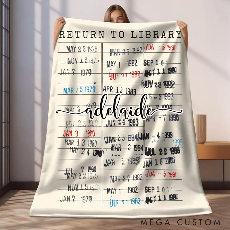 Personalized Return to Library Throw Blanket Custom Vintage Library Card Book Due Date Blanket with Name Book Lover Gift Librarian Gift