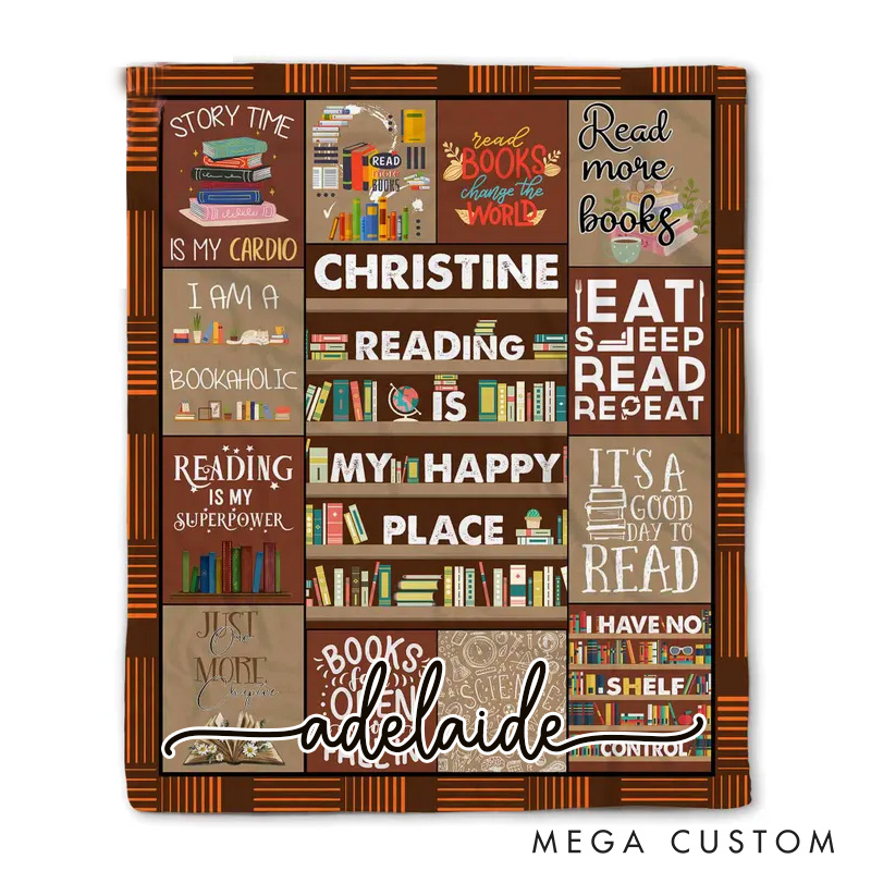 Personalized Reading is My Happy Place Throw Blanket Custom Bookish Blanket with Name Books Reading Blanket Book Lover Gift Librarian Gift