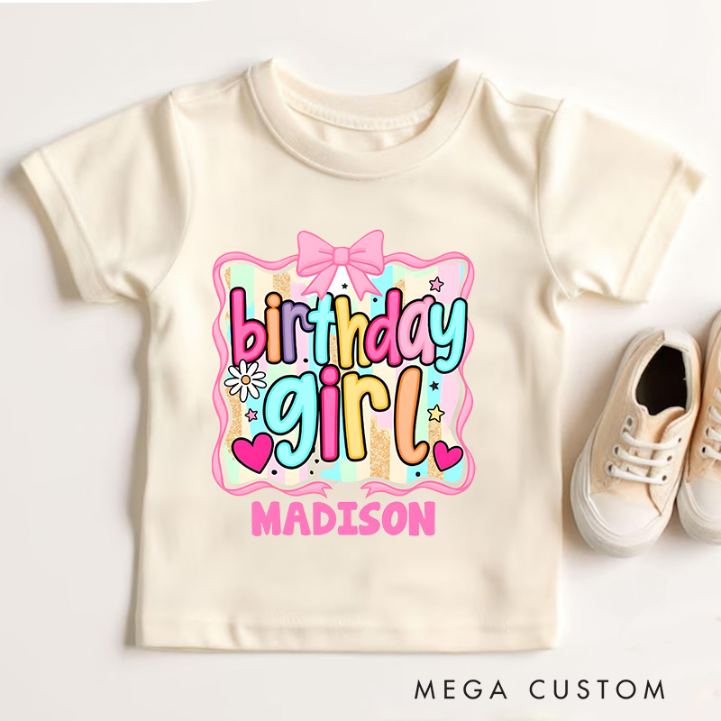 Personalized Birthday Girl Kids T-Shirt with Bright Colors and Fun Bow Design for Celebratory Style