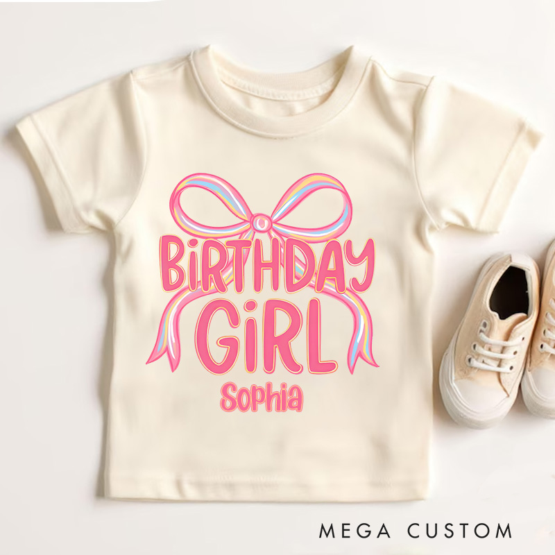 Personalized Birthday Girl Kids T-Shirt with Pink Bow and Bold Lettering for a Stylish Celebration