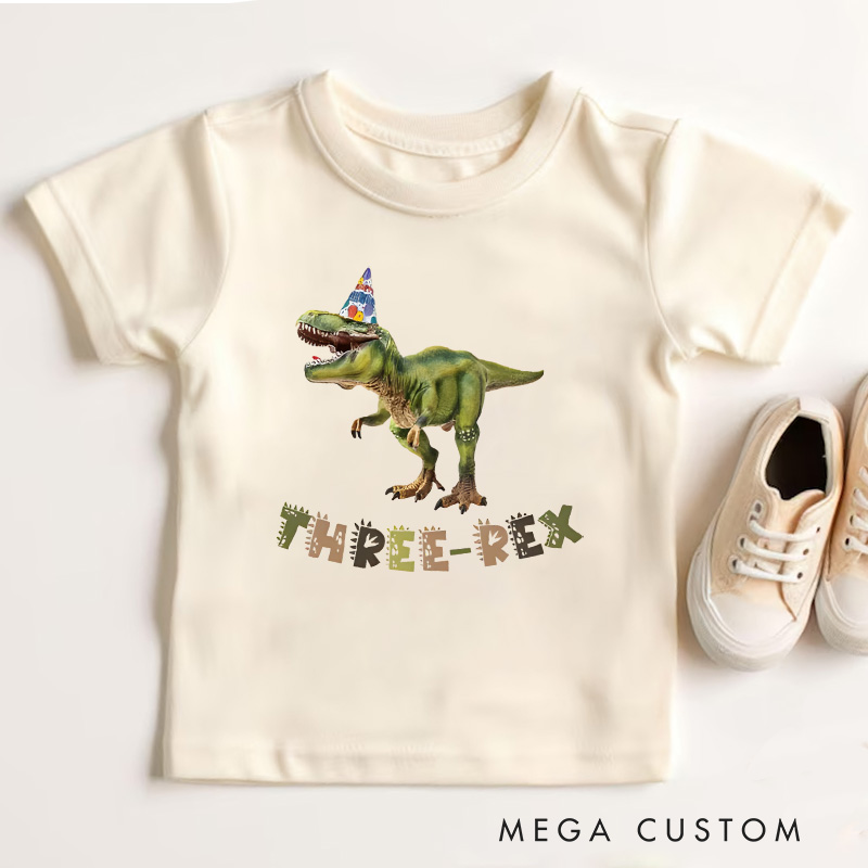 Personalized Dino Explorer Kids Birthday T-Shirt with Dinosaur Graphic and Name for Little Adventurers Birthday Gift