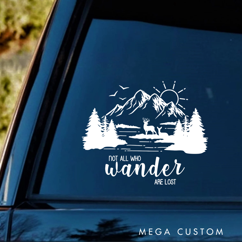 Personalized Camper Decal Mountain Deer Scene Not All Who Wander Are Lost Rv Decal Glamping Window Sticker Gift for Outdoor Adventure Enthusiasts