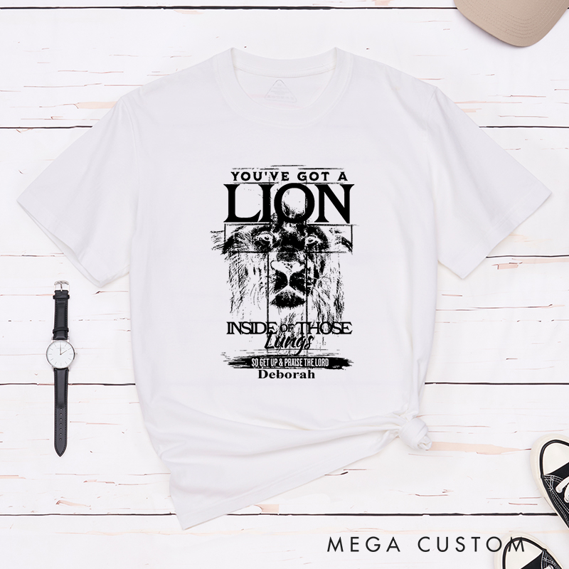 Personalized Lion Imagery Cotton Bible Verse Classic T-Shirt with Custom Name Christians Gift Birthday Gift Christian Apparel Gift for Jesus Lover 