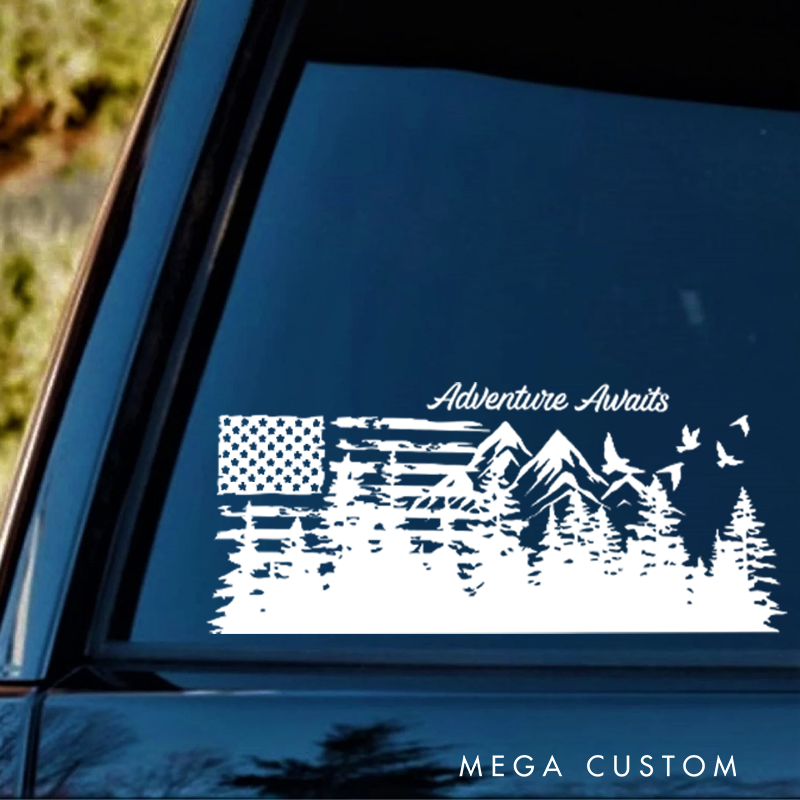 Personalized Camper Rv Decal Custom American Flag Decal Adventure Awaits Sticker Rv Graphic Camper Sticker Gift for Outdoor Enthusiasts