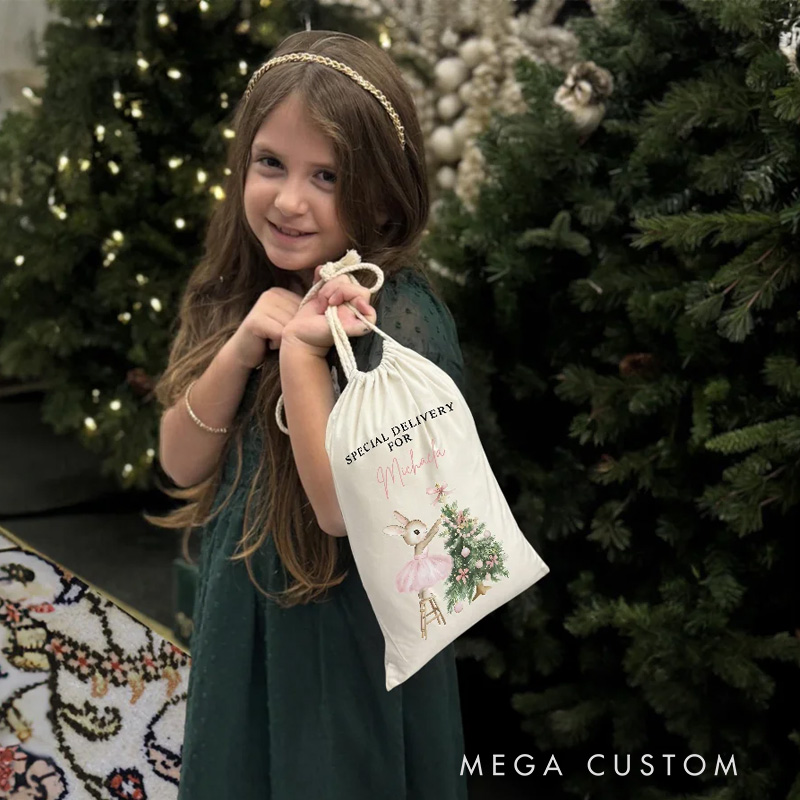Personalized Christmas Tree Cute Pink Rabbit Santa Sack Gift Bag with Name Christmas Party Favors
