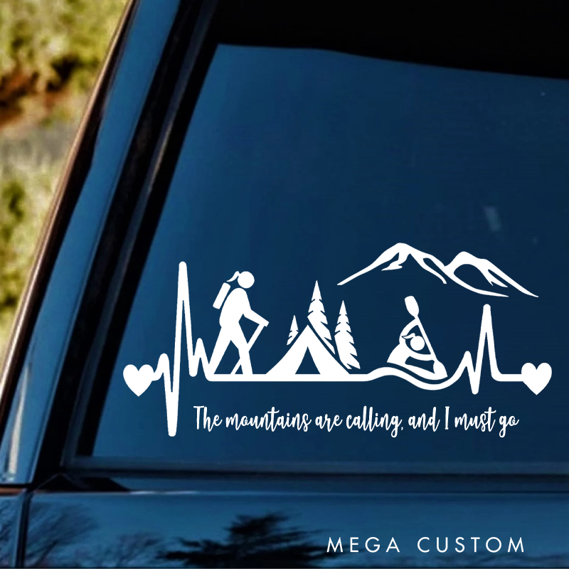 Personalized Hiker Girl Camping Tent Kayak Heartbeat Decal Sticker for Car Window Gift for Outdoor Adventure Lover