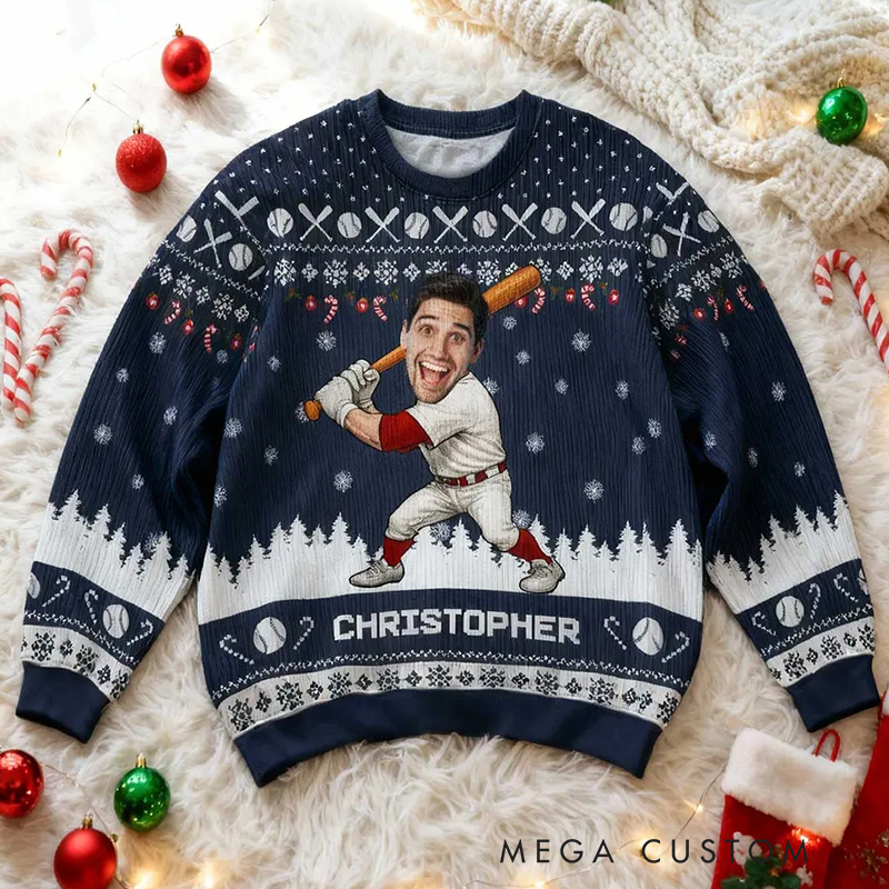 Personalized Baseball Christmas Ugly Sweatershirt with Custom Face and Name  