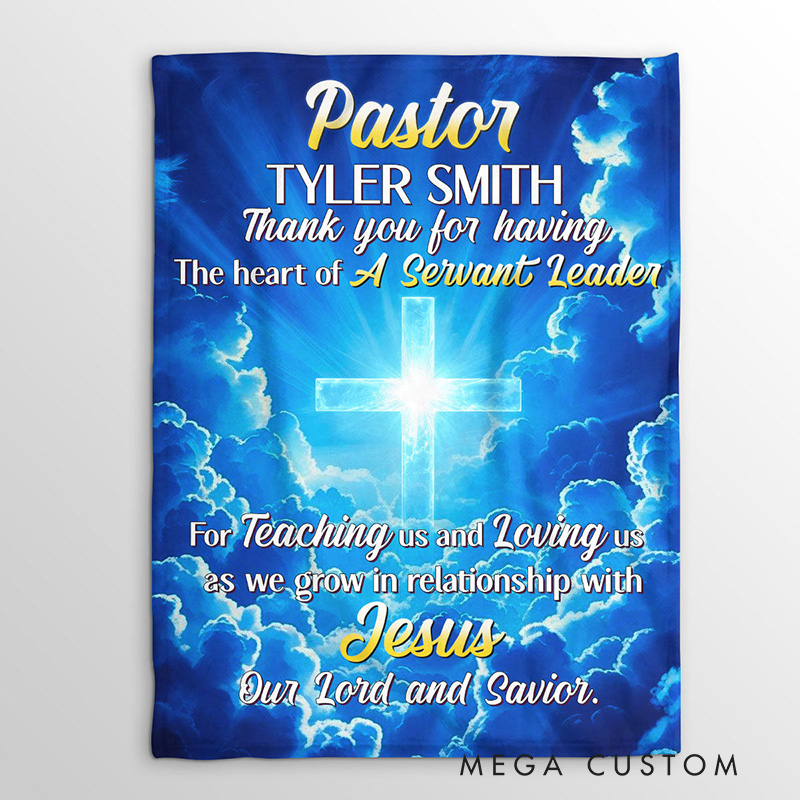 Personalized Thank You Pastor Soft Throw Blanket with Name Home Decor Blue Skies Clouds Cross Blanket Religious Appreciation Gift for Pastor