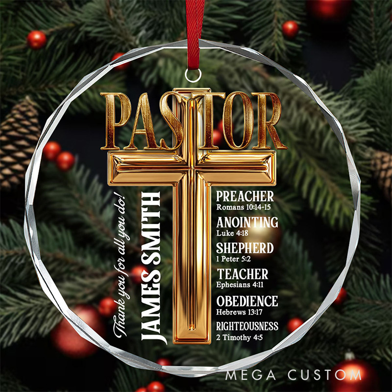 Personalized to My Pastor Round Shaped Glass Hanging Ornament with Name Tree Decoration Christmas Gift for Christian Appreciation Gift for Pastor