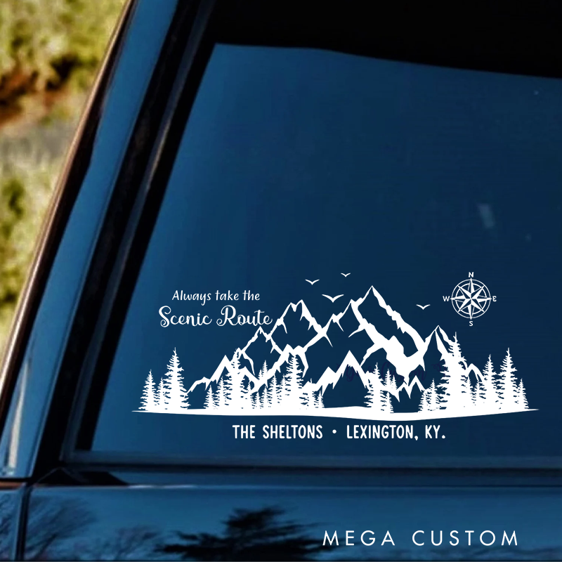 Personalized Scenic Route Mountain Rv Decal Camper Decor with Compass Gift for Outdoor Adventure Lover