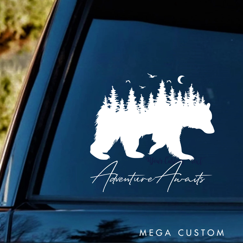 Personalized Adventure Awaits Car Decal Bear and Forest Silhouette Decal for Outdoor Adventure Hiking Lover
