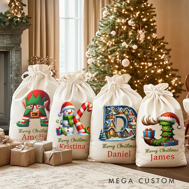 Personalized Christmas Tree Snowman Elf Igloo Drawstring Canvas Gift Bag with Name Initial Christmas Party Favors Gift