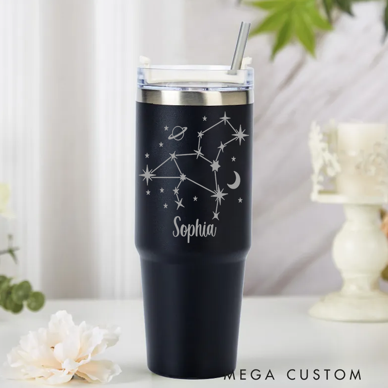 Personalized Stainless Steel Cup with Straw Custom Insulated Tumbler With Zodiac Signs Custom Insulated Tumbler With Name Birthday Gift