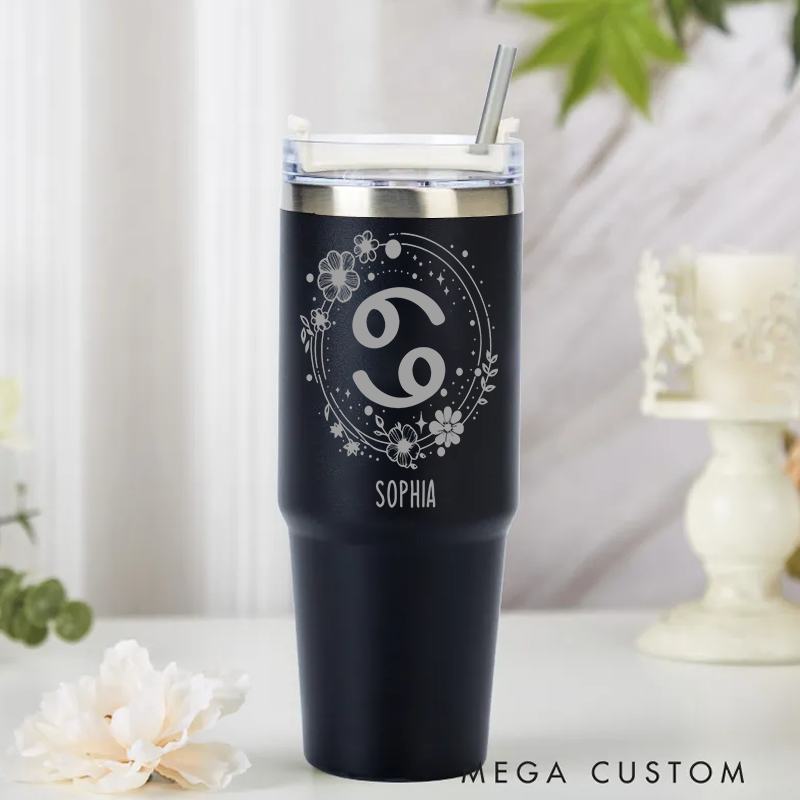 Personalized Stainless Steel Cup with Straw Custom Insulated Tumbler With Zodiac Signs Custom Insulated Tumbler With Name Birthday Gift