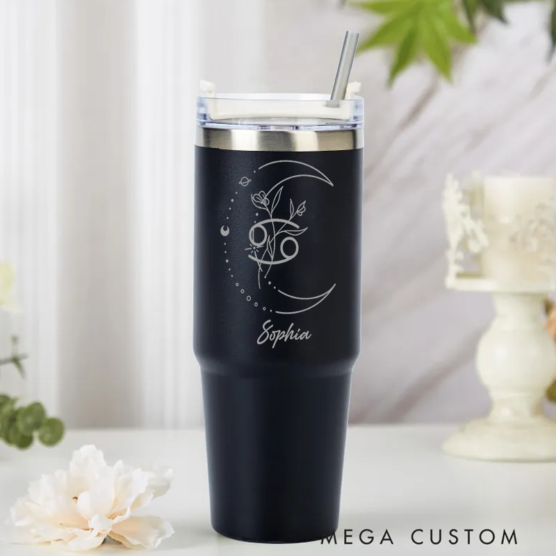 Personalized Stainless Steel Cup with Straw Custom Insulated Tumbler With Zodiac Signs Custom Insulated Tumbler With Name Birthday Gift
