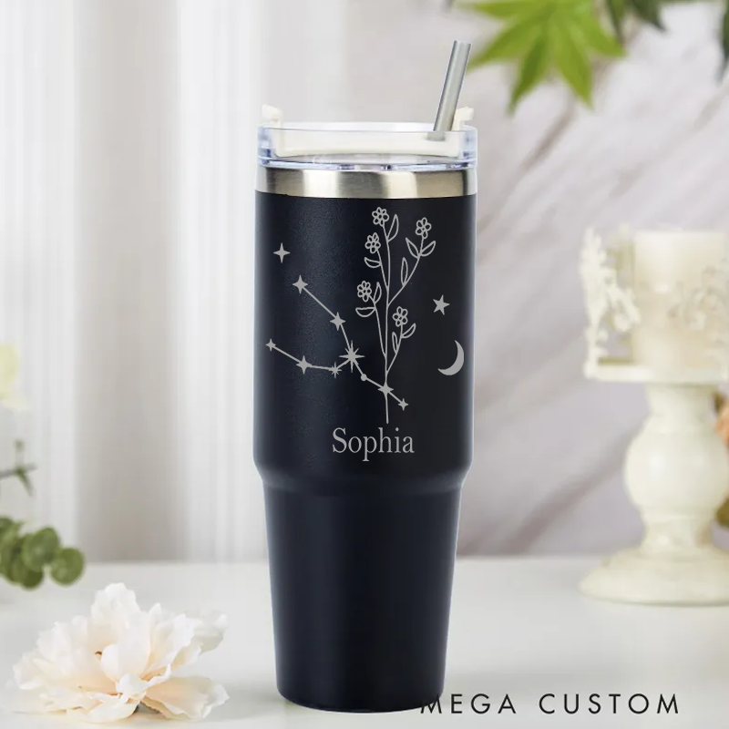 Personalized Stainless Steel Cup with Straw Custom Insulated Tumbler With Zodiac Signs Custom Insulated Tumbler With Name Birthday Gift