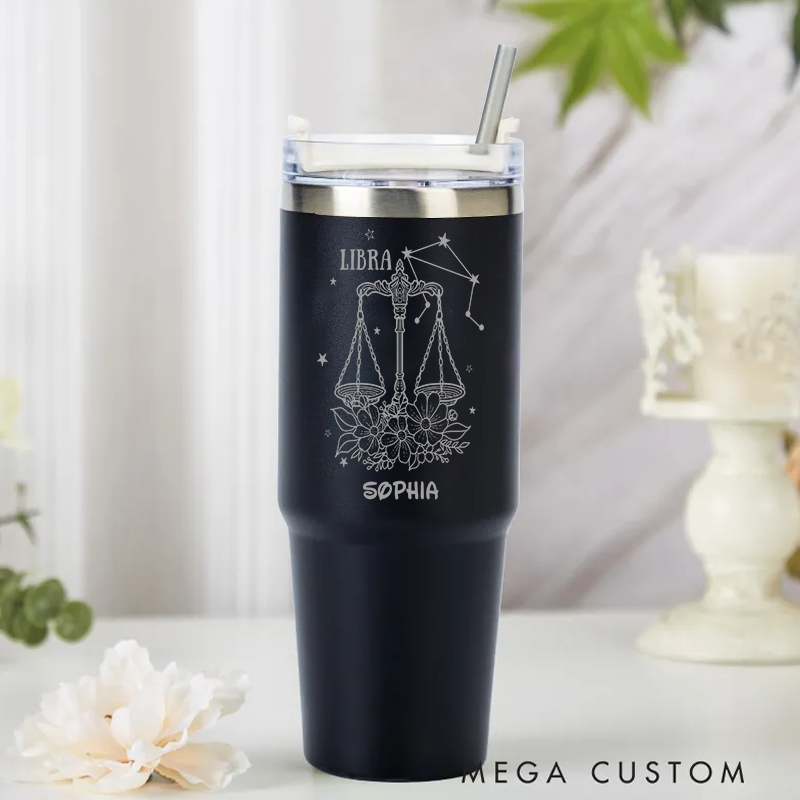 Personalized Floral Zodiac Iced tainless Steel Cup with Straw Custom Insulated Tumbler With Name Birthday Gift Horoscope Cups Astrology