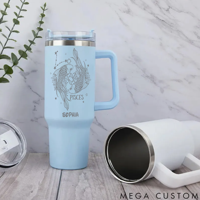 Personalized Floral Zodiac Iced tainless Steel Cup With Straw Custom Insulated Tumbler With Name Birthday Gift Horoscope Cups Astrology