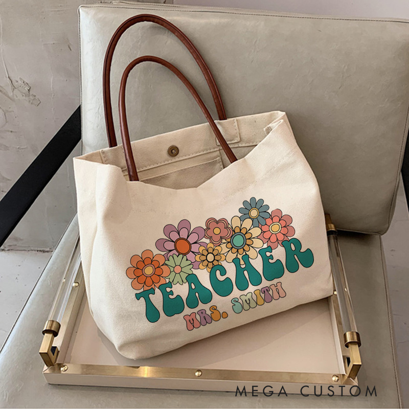 Personalized Teacher Canvas Tote Bag Flower Teacher Design Appreciation Gift for Teachers