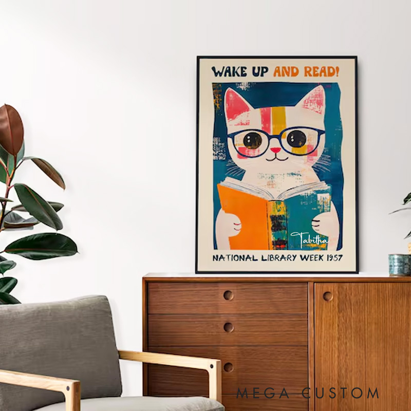 Personalized Wake Up and Read Print with Name National Library Wall Art Cat Reading Poster Book Lover Office Home Decor Book Lover Gift