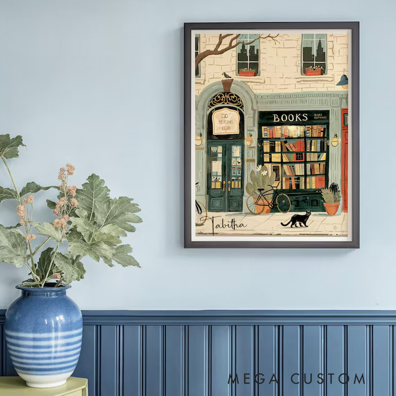 Personalized Bookstore Wall Print with Name Cozy Bookshop Illustration Wall Art Library Wall Decor Reading Nook Poster Book Lover Gift