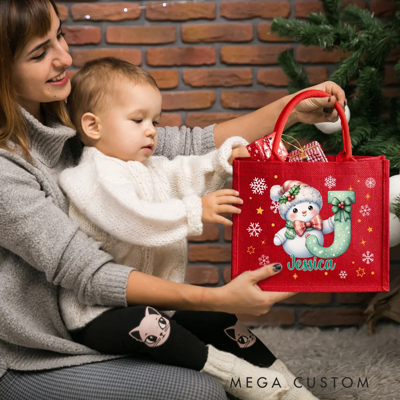 Personalized Cute Cartoon Snowman Large Jute Tote Bag with Name and Initial Party Favors Christmas Gift