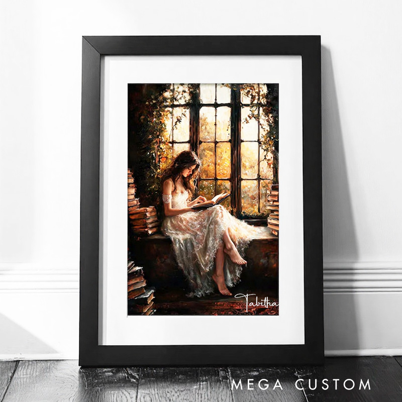 Personalized Vintage Victorian Woman Reading Print with Name Dark Academia Library Wall Art Print Bookish Wall Decor Book Lover Gift