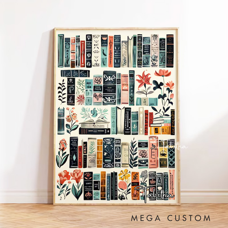 Personalized Vintage Library Wall Art with Name Book Flower Art Reading Poster Decor Retro Library Wall Art Book Lover Gift Bookish Gift