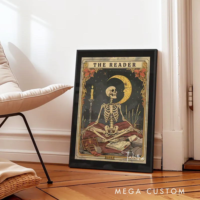 Personalized the Reader Tarot Print with Name Skeleton Reader Tarot Card Wall Art Witchy Reading Nook Art Book Lover Gift Bookish Gift