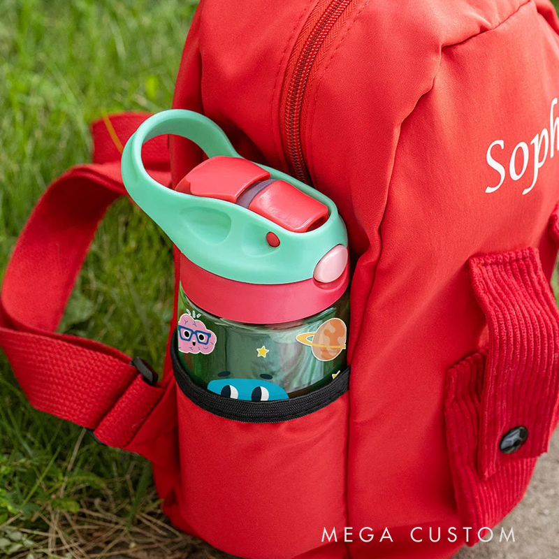 Personalized Colorful Cartoon Photo Name 16oz Kid's Water Bottle with Silicone Straw and Handle Birthday Back to School Gift for Boys Girls