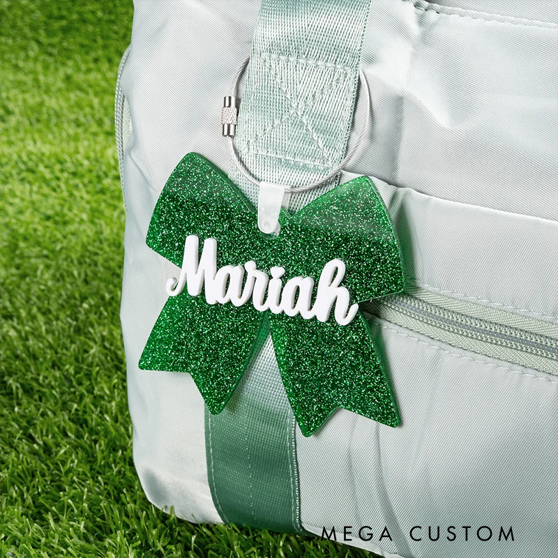 Personalized Cheerleading Glitter Bow Keychains with Custom Name Design