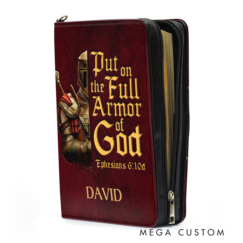 Personalized Full Armor of God Bible Verse PU Leather Bible Cover Case with Name and Carry Handle Ephesians 6:10 Religious Gift God Gift