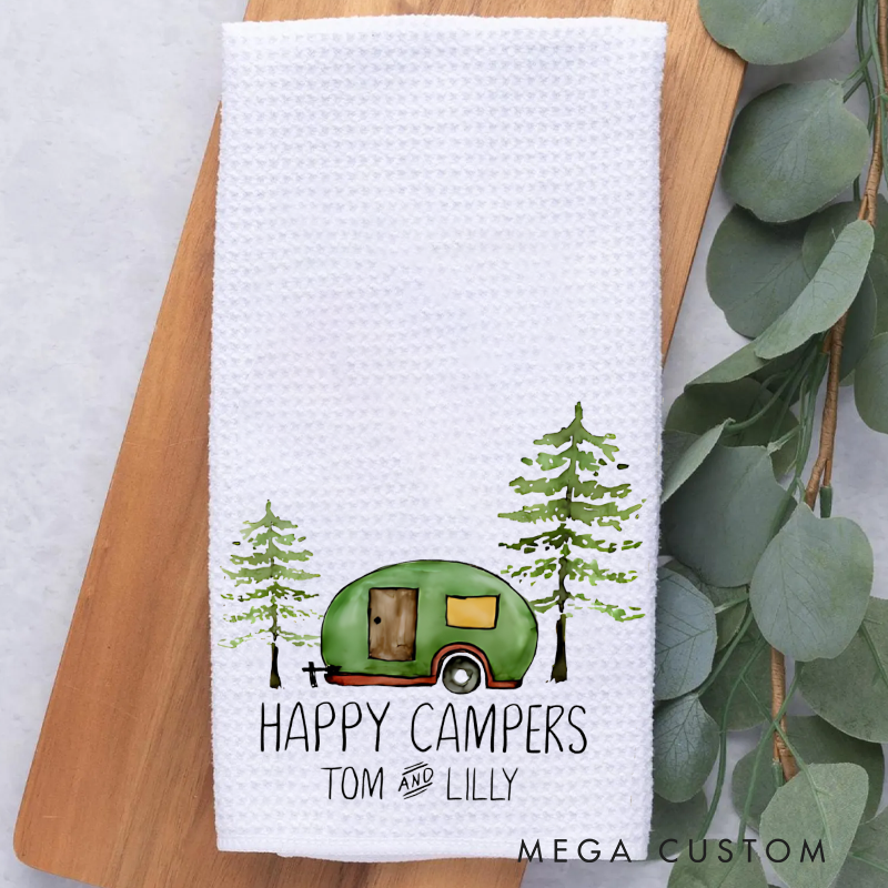 Personalized Happy Campers Kitchen Towel Custom Funny Motor Home Decor Towels Gift for Camper Rv Lover
