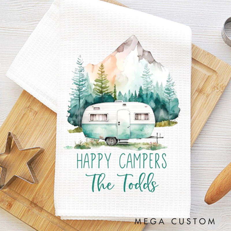 Personalized Happy Campers Kitchen Towel Custom Camping Rv Dish Towel Camper Decor Gift for Camper Lover